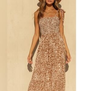 By Together Maxi Dress Ruffle Hem Ruched Top Adjustable Straps Rust Color Size S